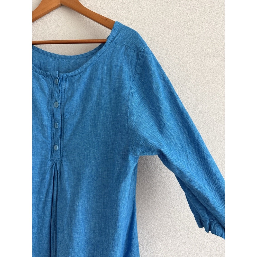 Flax Linen Tunic Blouse Womens Large Blue Lagenlook Travel Beachy Vacation Boho - Picture 4 of 10
